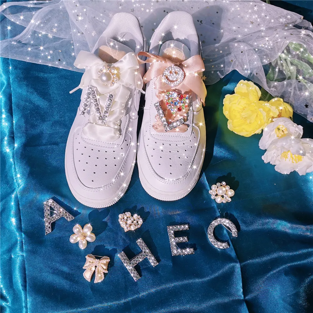 New metal alloy gemstone  shoelace slide letter pearl charms sneaker jewelry accessories