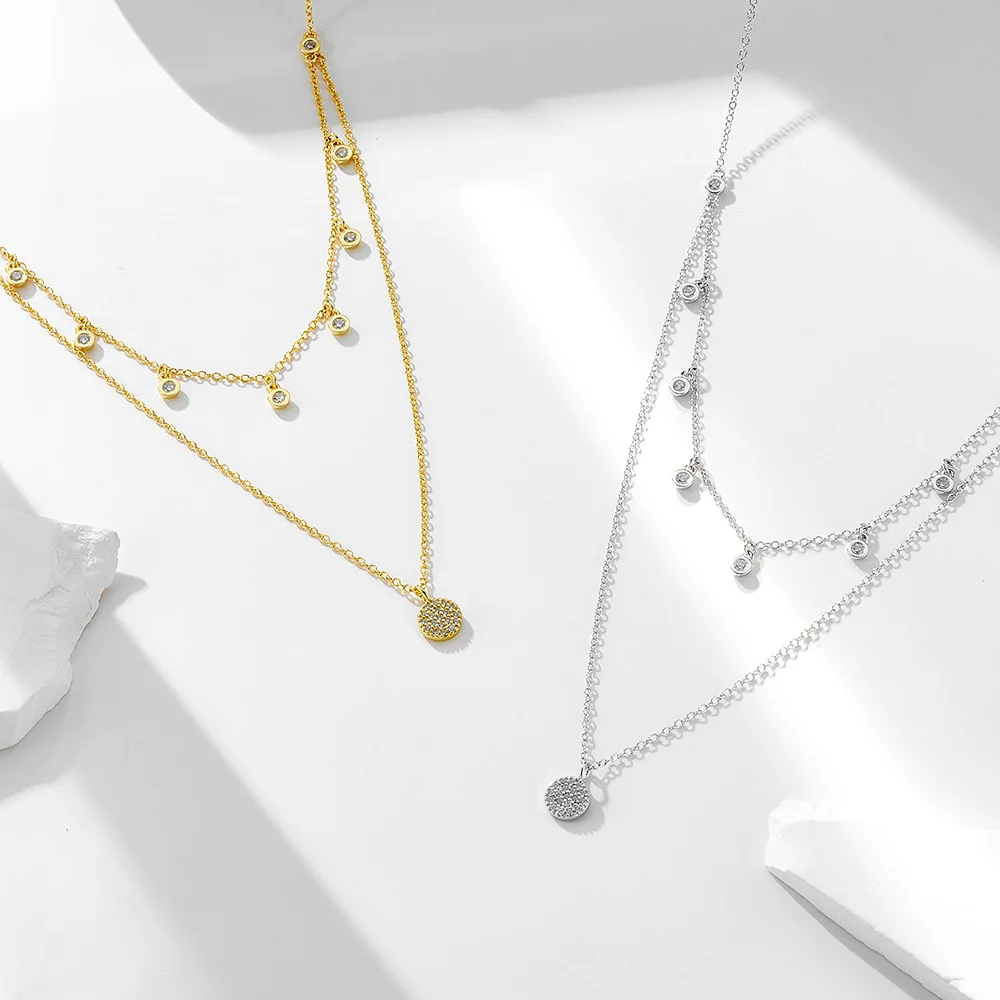 2024 New Double Gold Chain Crystal Plate High Quality S925 Sterling Silver Multi-Chain Slim Cubic Zirconia Necklace Women