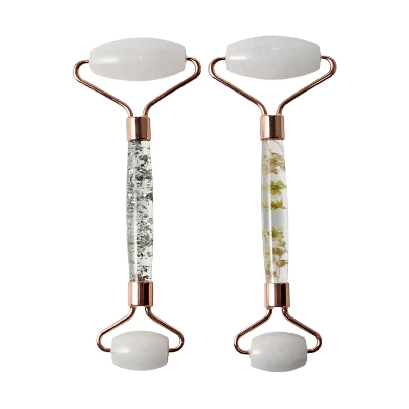 Custom Logo Transparent Crystal White Quartz Jade Facial Roller Natural Rose Quartz Face Pink Dries Flower Jade Roller