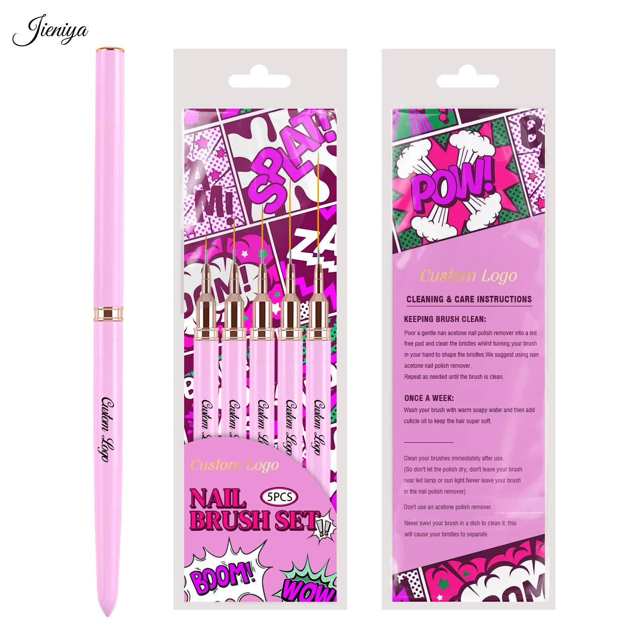 Jieniya Hot selling multiple sizes Pink Nylon Liner Brush Acrylic Striping brush Nail Art Liner Brushes set