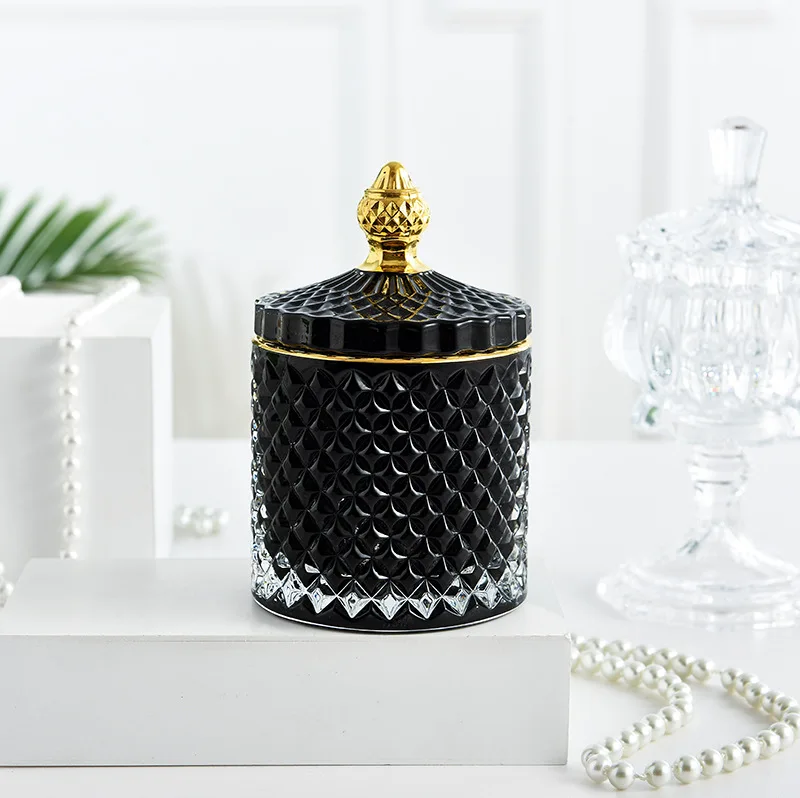 Wholesale Luxury Geo Candle Jars in Bulk Empty Black Geo Cut Glass Candle Jar With Lid