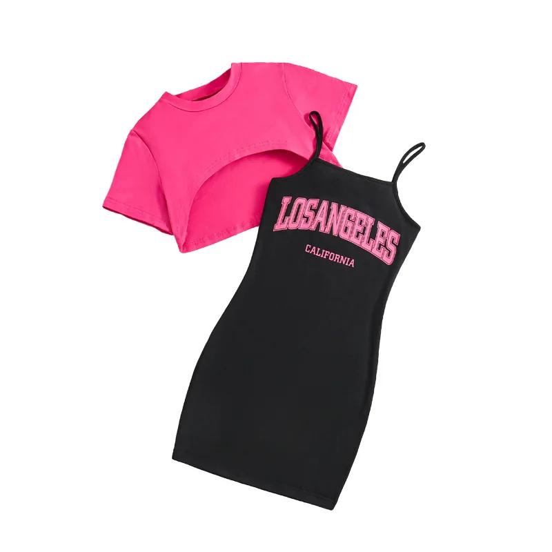 2024 Summer Cheap Children Clothes Wholesale Letters Printed Slip Dress + Short-sleeved Blouse Kids Clothing Sets for Girls