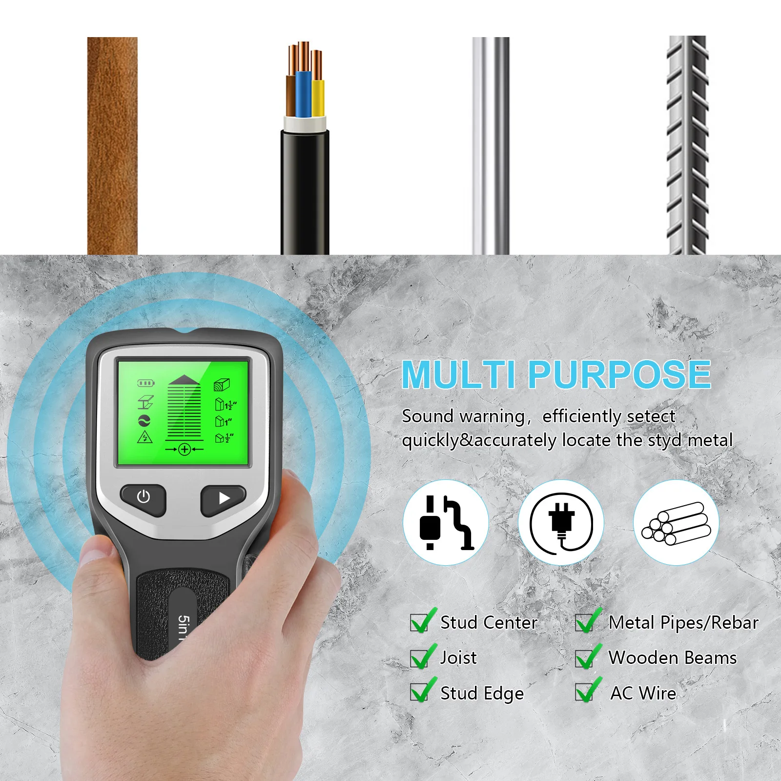 5 in1 Wall Stud Detector LCD Display Multifunctional Handheld for Wood AC Wire Cable Metal Detector Electric Wall Finder