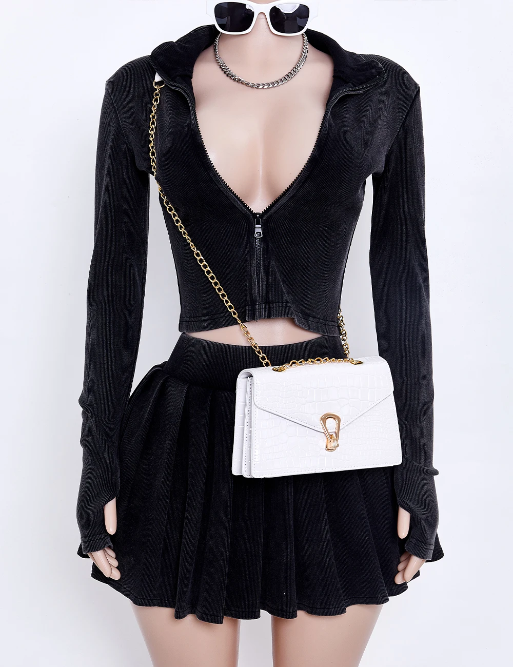 Women Mini Skirts Set Long Sleeve 2 Piece Outfits Crop Top and Mini Fitness Skirt Set Womens Clothing Womens Sets