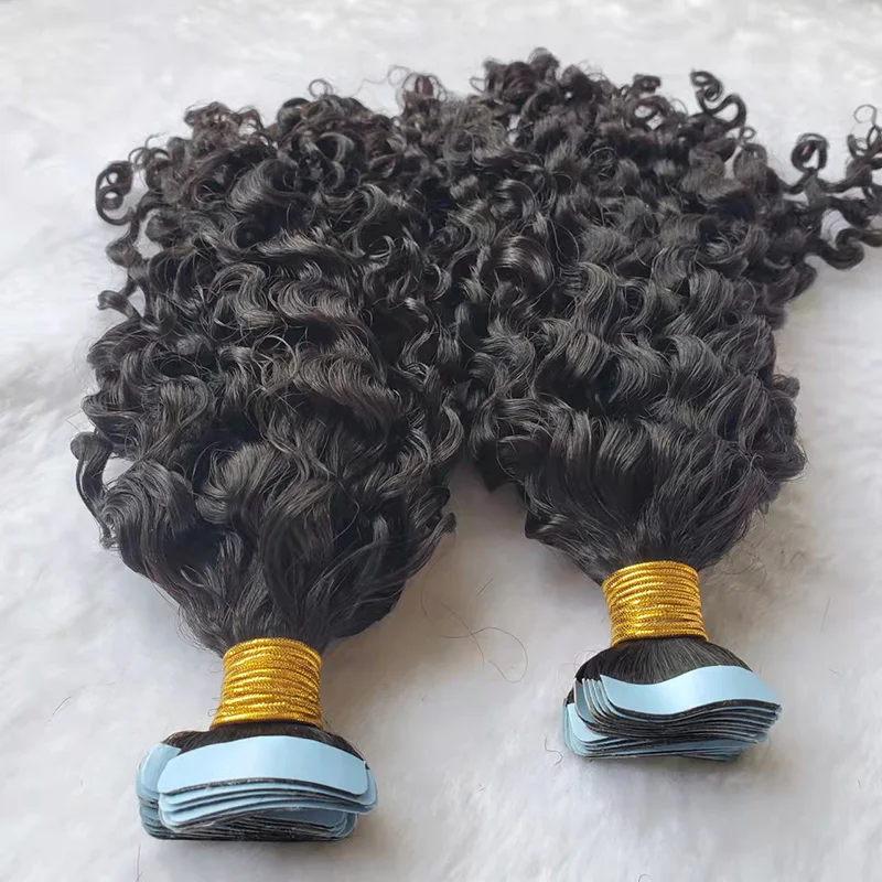 Fast shipping 100% real European unprocessed natural Raw virgin human Hair black Color burma curly Tape In Hair Extension