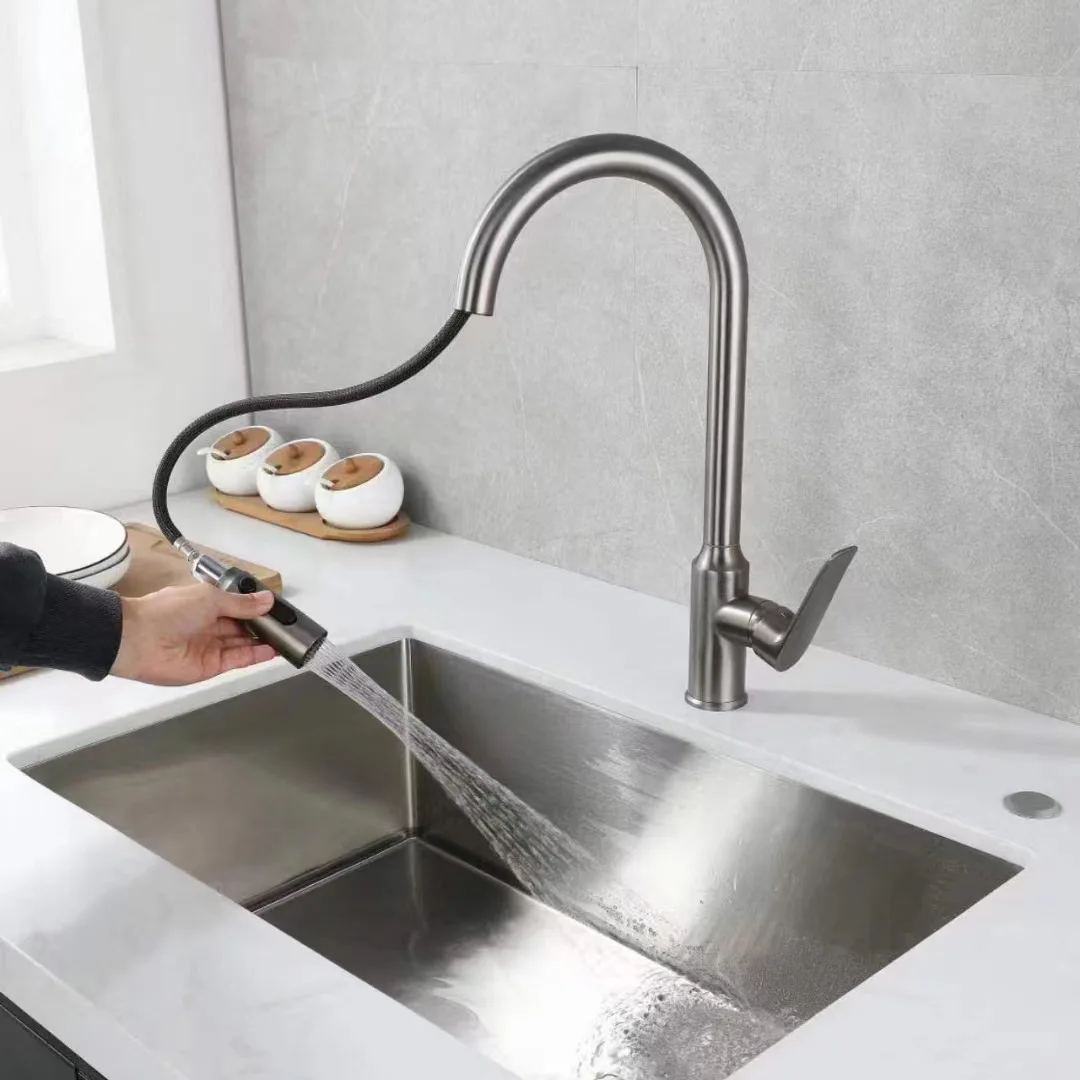 New kitchen brass faucet with splash proof water washing black sink rotatable hot and cold pull-out kitchen faucet