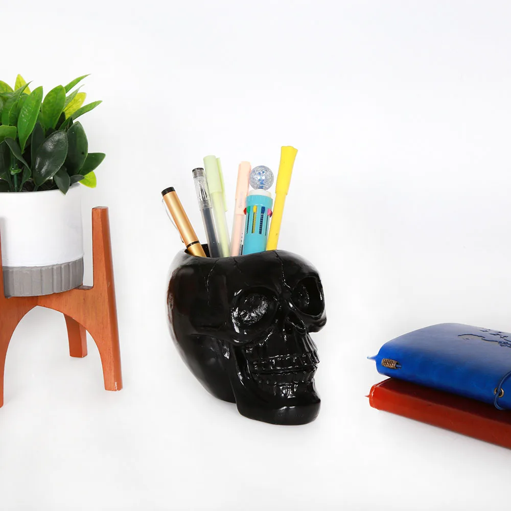 Desktop Flower Pot Resin Skeleton Head Stationery Pens Organizer Skull Pen Holder Cup Black Skull Makeup Brush Holder Ornament