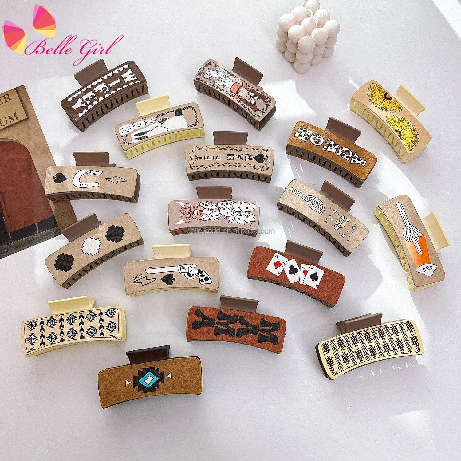 BELLEWORLD 2024 autumn women accessories fashion 10.5cm square hair claw girl western cowboy style leather claw clip resin molds