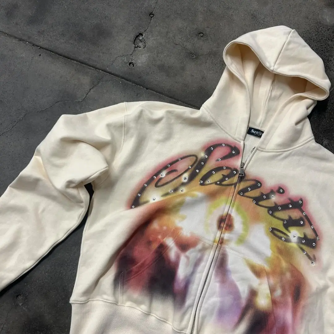 OEM Custom streetwear zipper french terry thick cropped rhinestone DTG graphic mens zip up hoodies