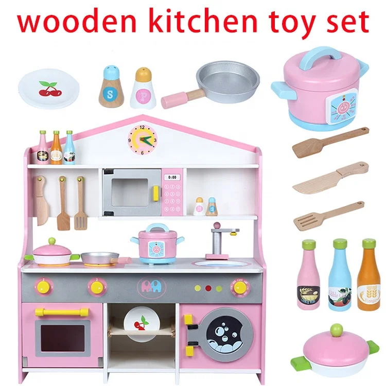 Pretending Role Play Pink Big Cooking Magnetic Simulation Wooden Kitchen Sets Toys