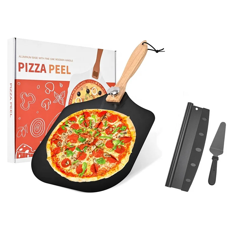 Square Aluminum Non Stick Black Coating Turning Pizza Cutter Server Peel Set