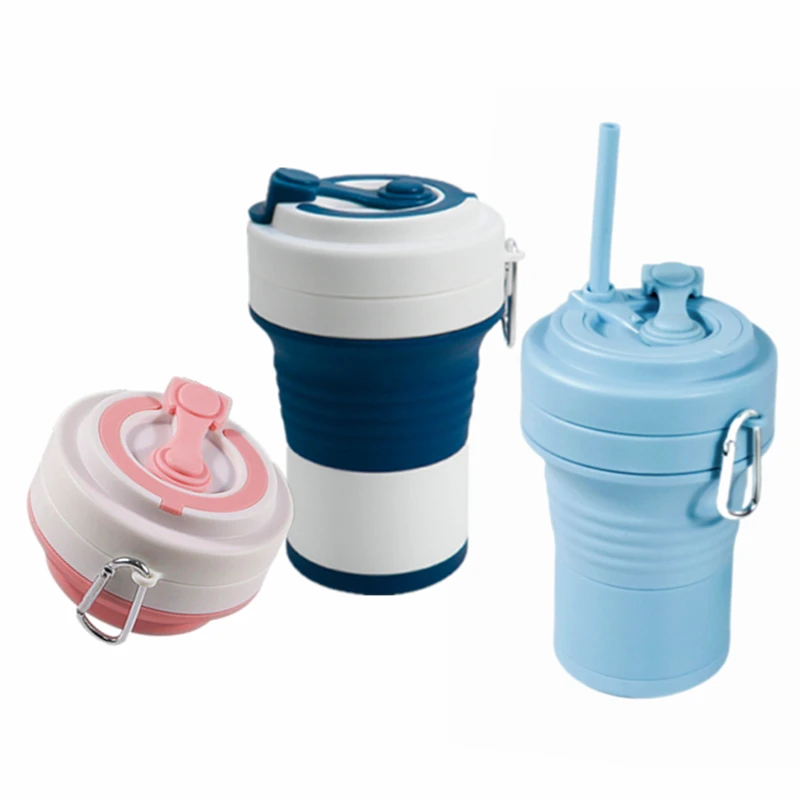 Best Selling 550ML Factory Direct Reusable Foldable Collapsible Travel Reusable Folding Silicon Coffee Cup With Straw