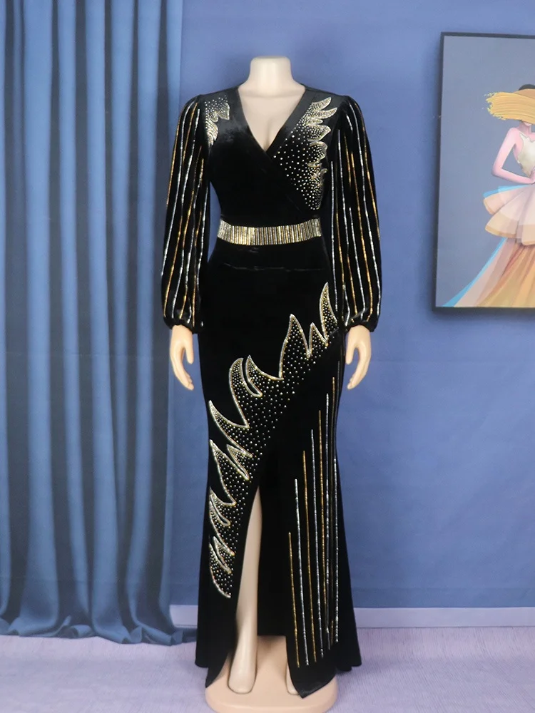 Good Selling Black Custom Design Dress Rhinestone Customized Women Clothing V-neck Velvet African Kitenge Designs Skirt