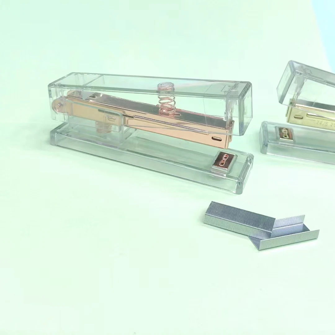 Office desktop fancy gift new design full strip decorative transparent luxury clear plastic cover rose gold stapler