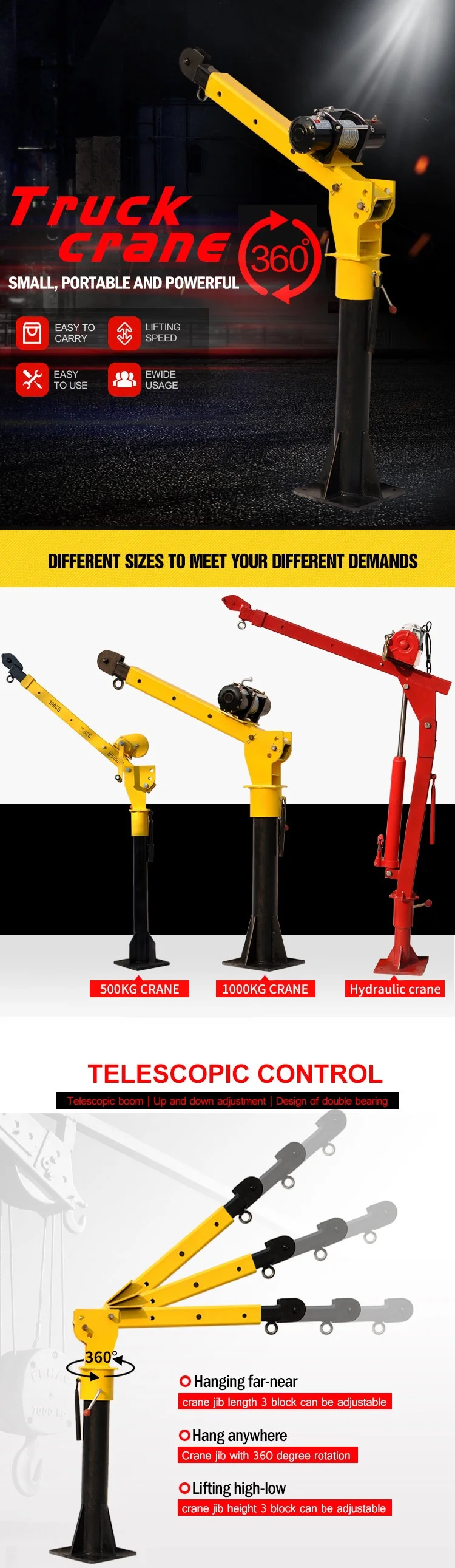 Mini small  lifting electric 0.5ton  small truck car crane equipment pickup truck crane with electric winch