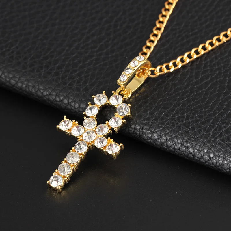 Silver Color Mens Hop Iced Out Gold Rhinestone Key of Life Egypt Cross Pendant Tennis Chain Crystal Necklace for Men
