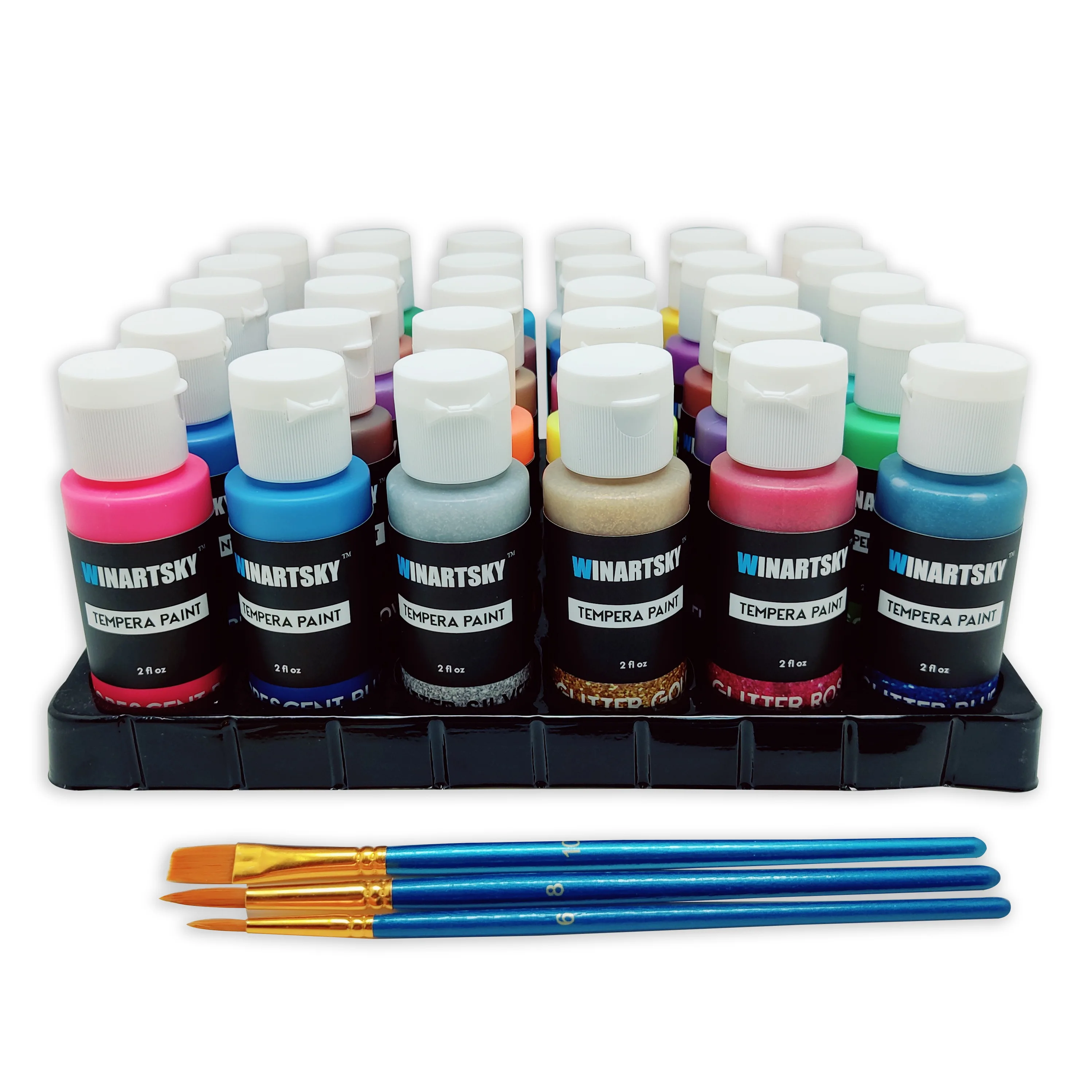 Washable Tempera Paint for Kids,30 Colors (2 oz Each) Liquid Poster Paint with 3 brushes