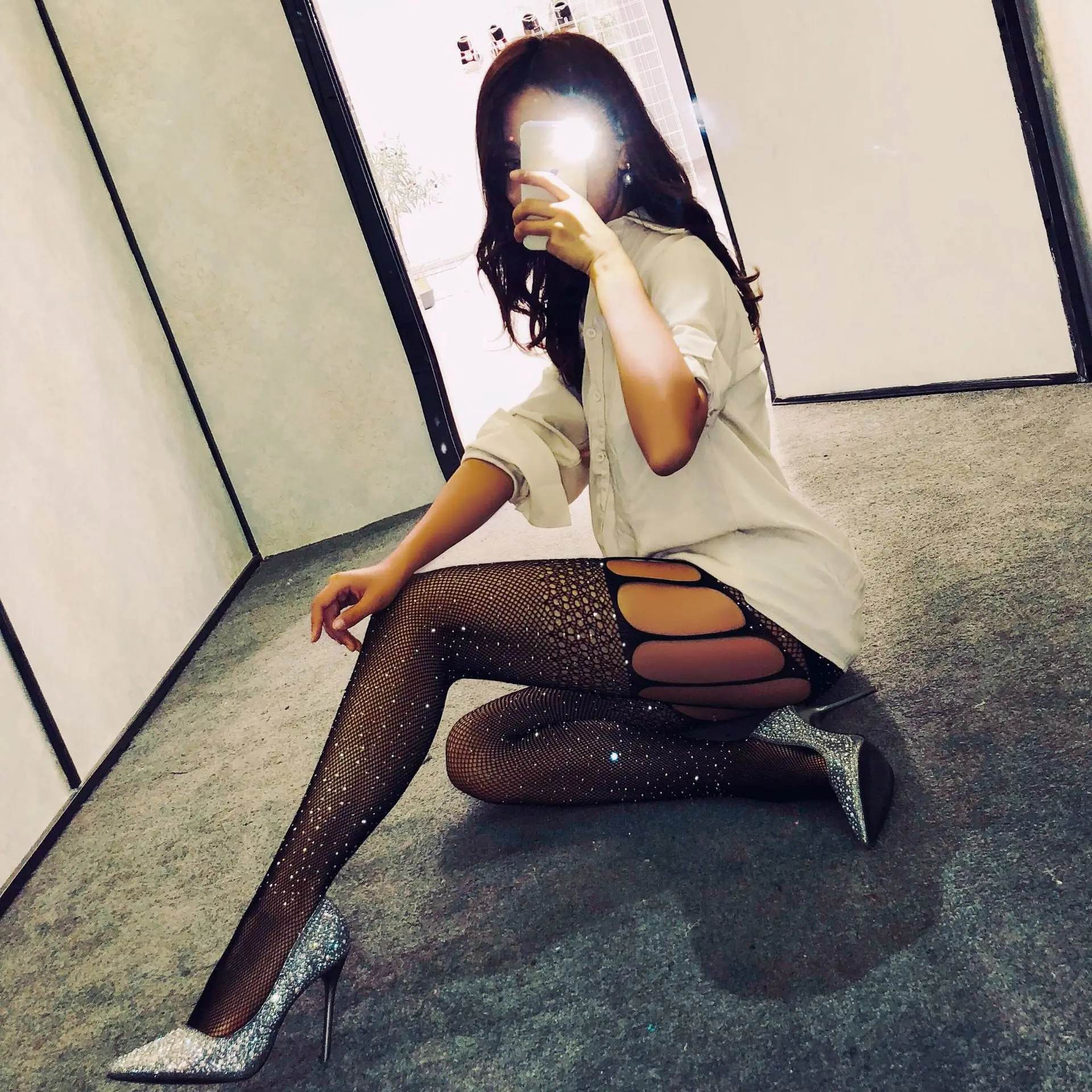 Sexy Coquettish Thin Stockings Garter Belt One-piece Socks With Diamond Jacquard Hollow Out See-through  Pants Mesh Pantyhose