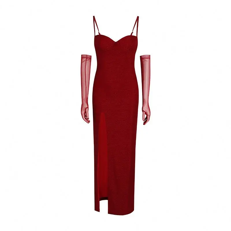 cross border new sexy temperament split high waist dress pure want suspenders cinched bodycon slimming dress