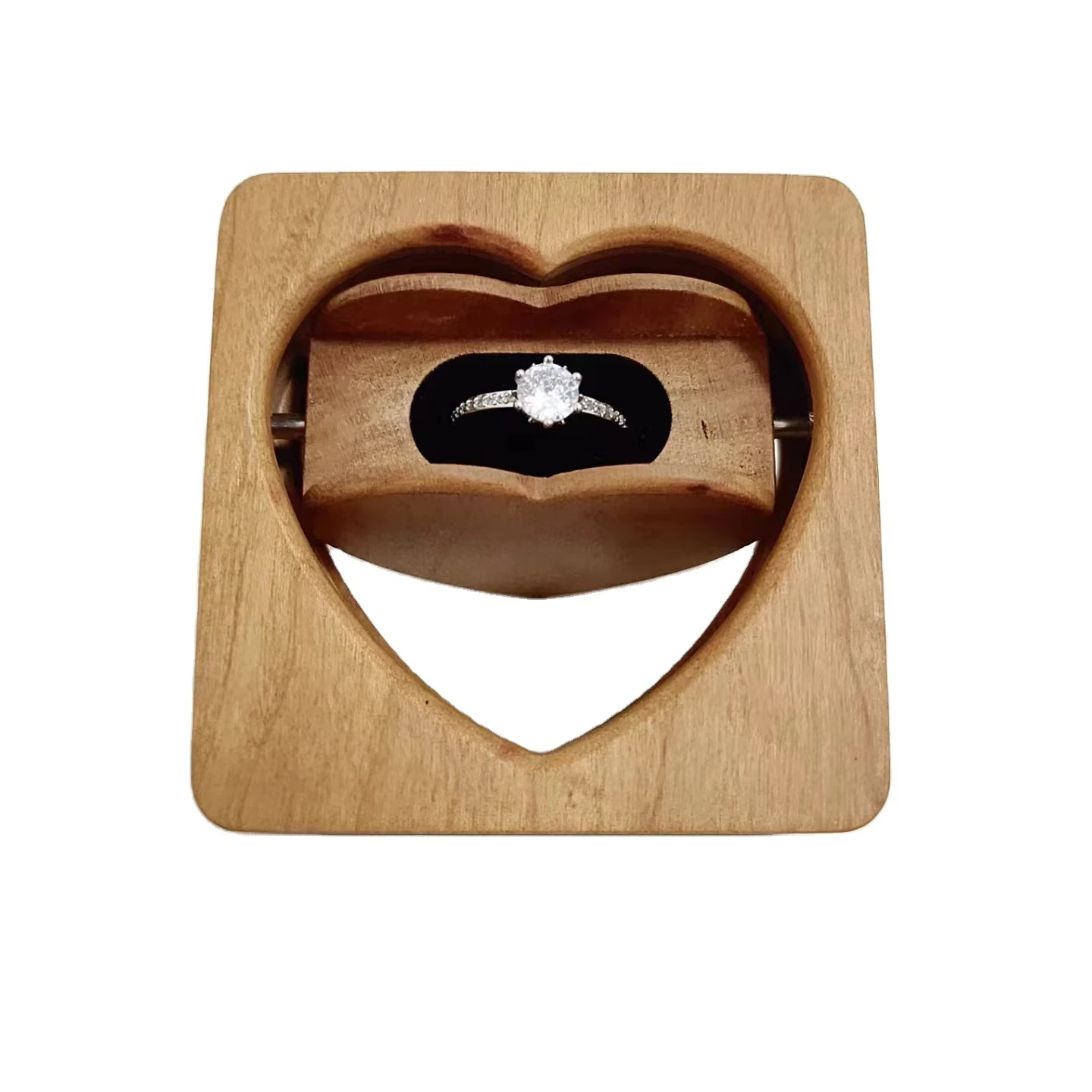 Custom Logo Heart Wood Ring Box Packaging Luxury Gift Ring Case Mini Boxing Ring Wedding Jewelry Display Storage Boxes