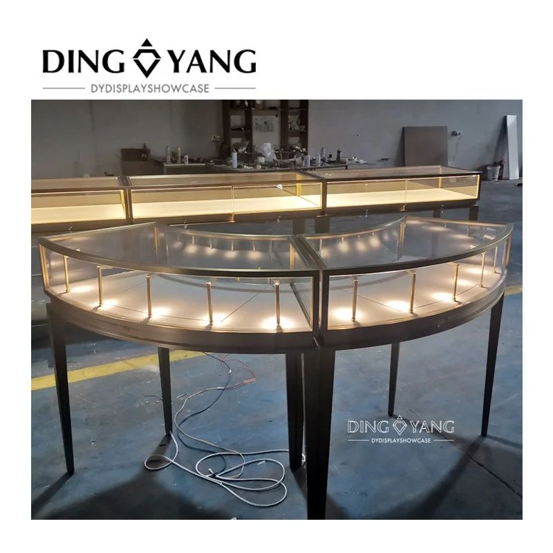 Factory Custom Made Luxury Hairline Golden Jewellery Display Showcase,Luxury Jewellery Showcase For Sale
