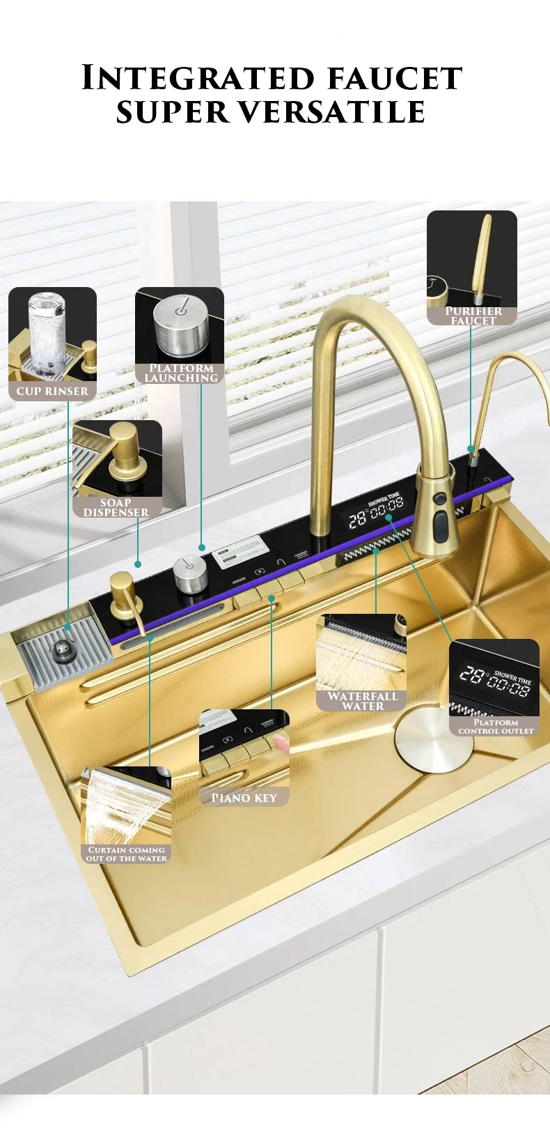 Luxury Gold Smart Kitchen Sink Nano Stainless Steel Hand Made Kitchen Sink Waterfall Kitchen Sink With Digital Display