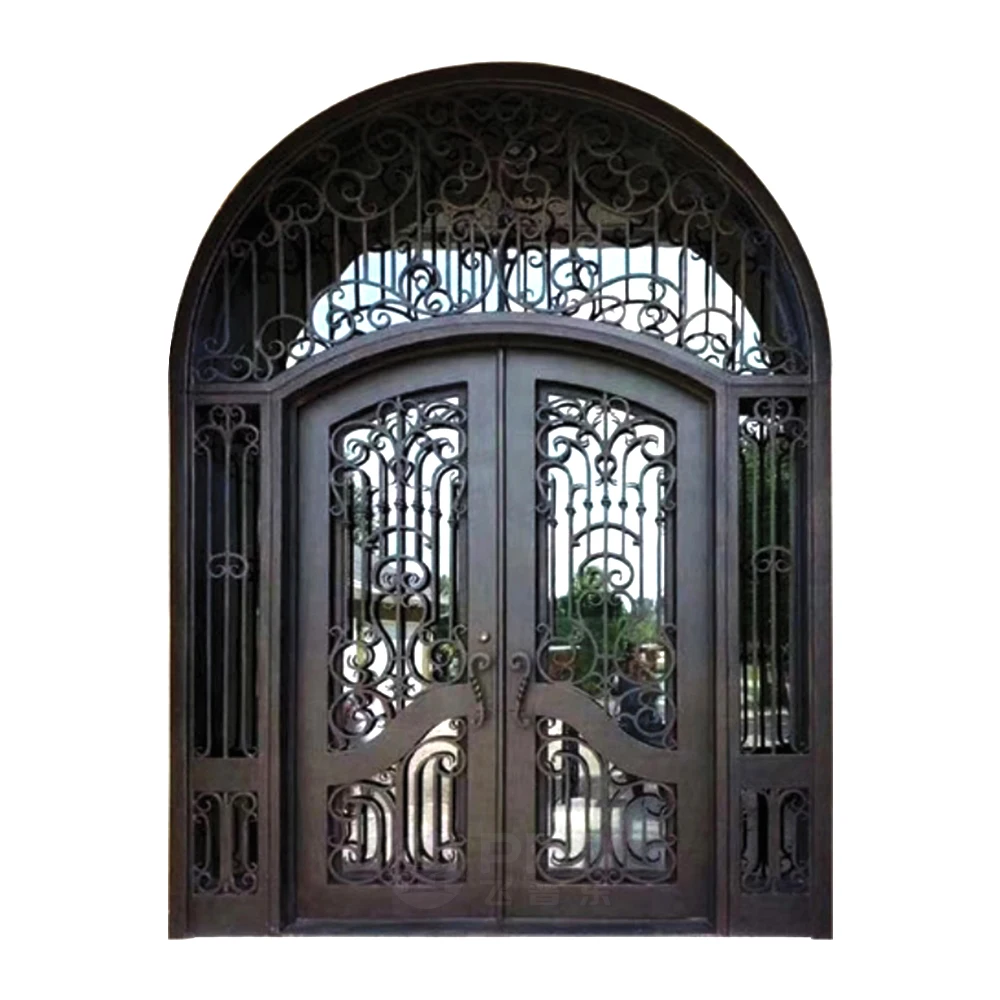 Villa Luxury Metal French Arch Double Main Double Doors Safety Security Entrance Wrought Iron Doors With Glass