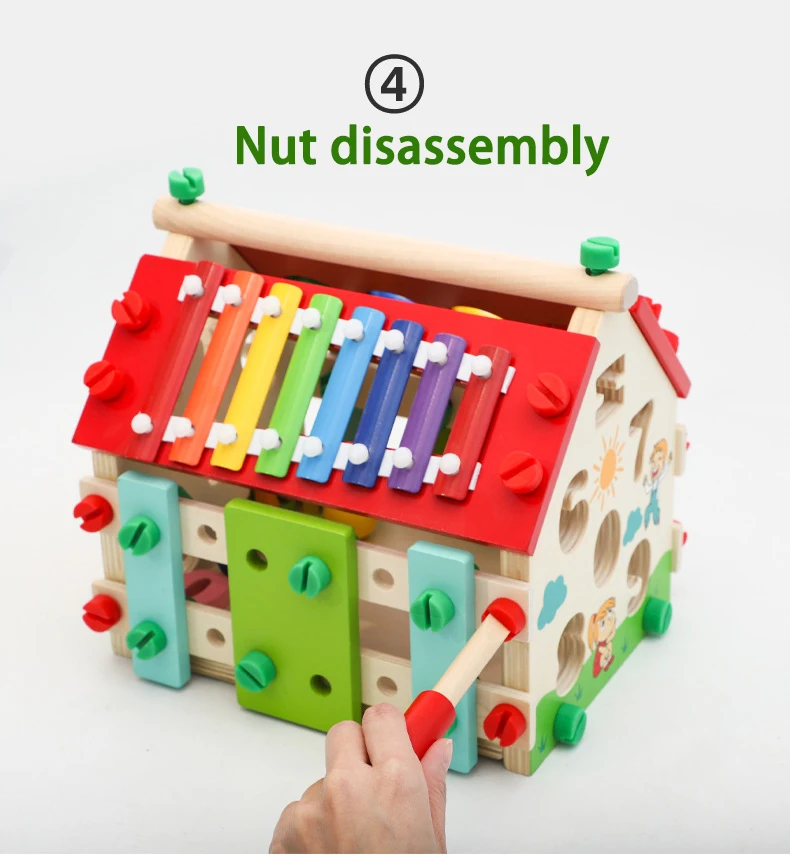 Hot Selling Multifunctional Smart House Wooden Ball Knocking Xylophone Screw matching house Montessori Early Educational Toys