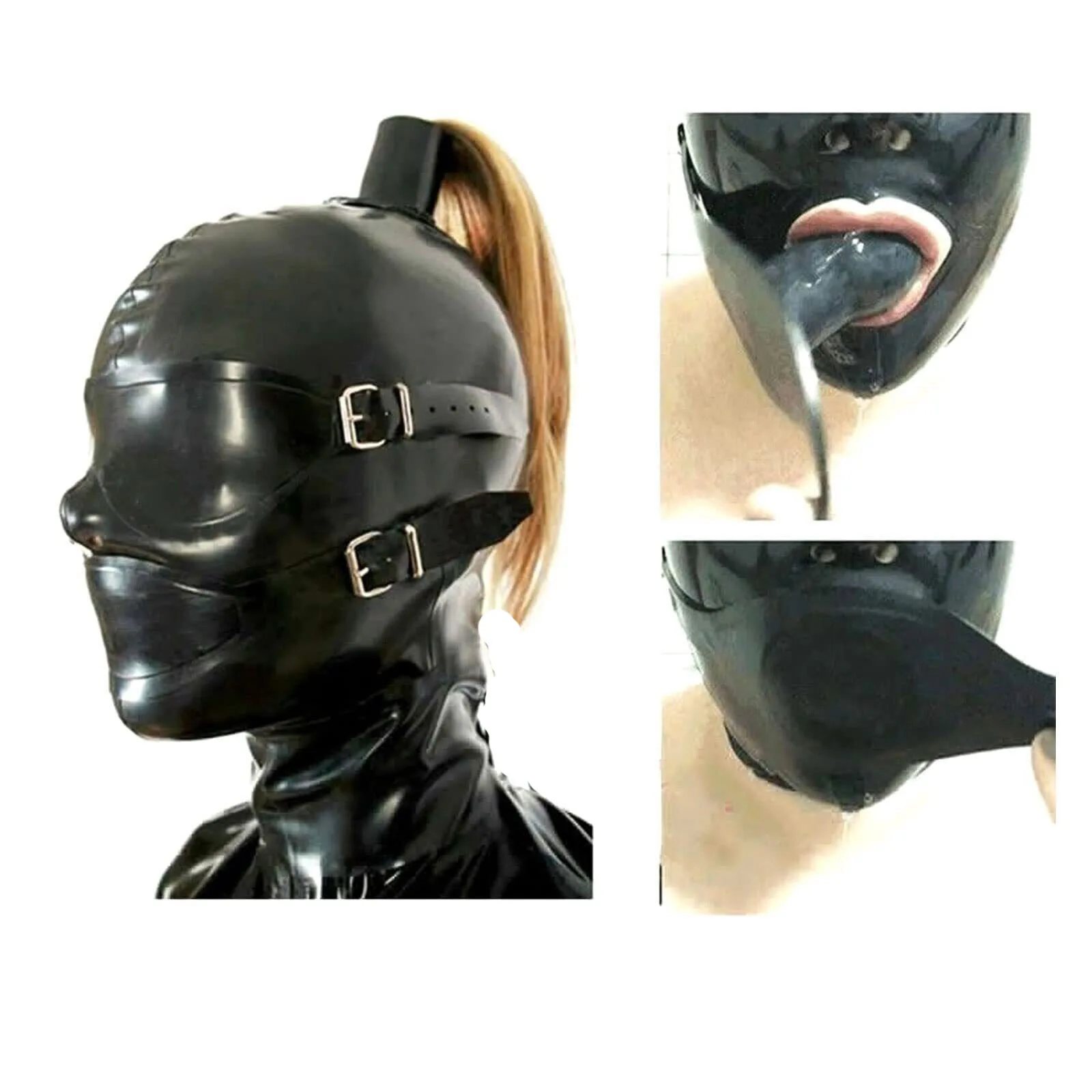 Sexy Latex Headgear Black Latex Mask with Ponytail and Zipper Cosplay BDSM Fetish Latex Rubber Hood Mask Headgear