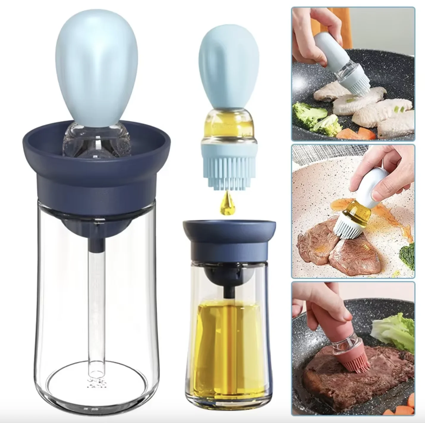 2-in-1 silicone squeeze metering oil bottle brush glass dispenser silicone brush dropper measure BBQ vinegar