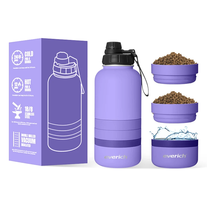 304 stainless steel dog water bottle 4 in1 32oz single wall Pet Water Bottle with food water container Portable Outdoor
