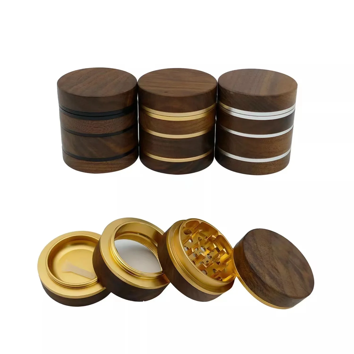 2022 New Luxury Smoke 63mm 4 Piece Black Gold Pink Aluminum Alloy Walnut Wood Spice Herb Grinder