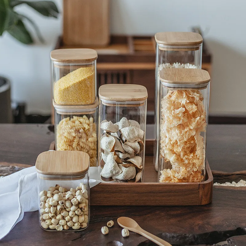 Customizable kitchen storage Clear square borosilicate glass spice storage container jar with bamboo lids
