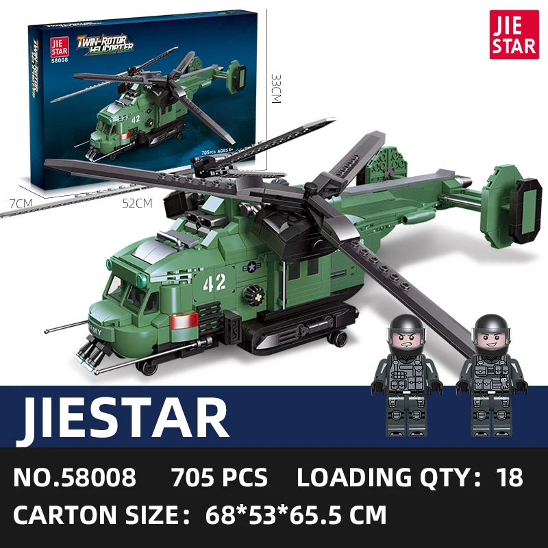 JIESTAR 705 Pcs Kids Diy Educational Military Twin-Rotor Helicopter Model Army Airplane Building Block Set Boys Girls Gift Set