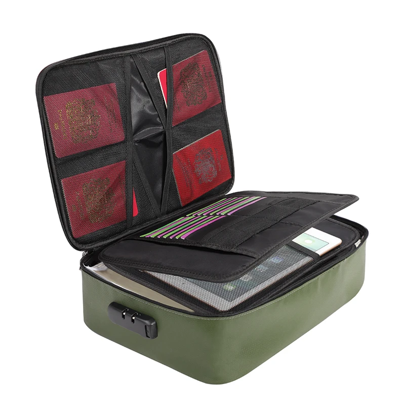 Custom Logo Multi-Layer Portable ArmyGreen Waterproof Fireproof Safe Document Bag Box Document Organizer with Lock