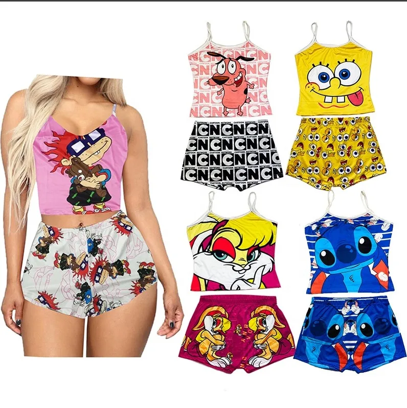 
2021 New Arrival Summer Printed Tank Top and Shorts Sleepwear Cartoon Pajamas Shorts Set for Women 
