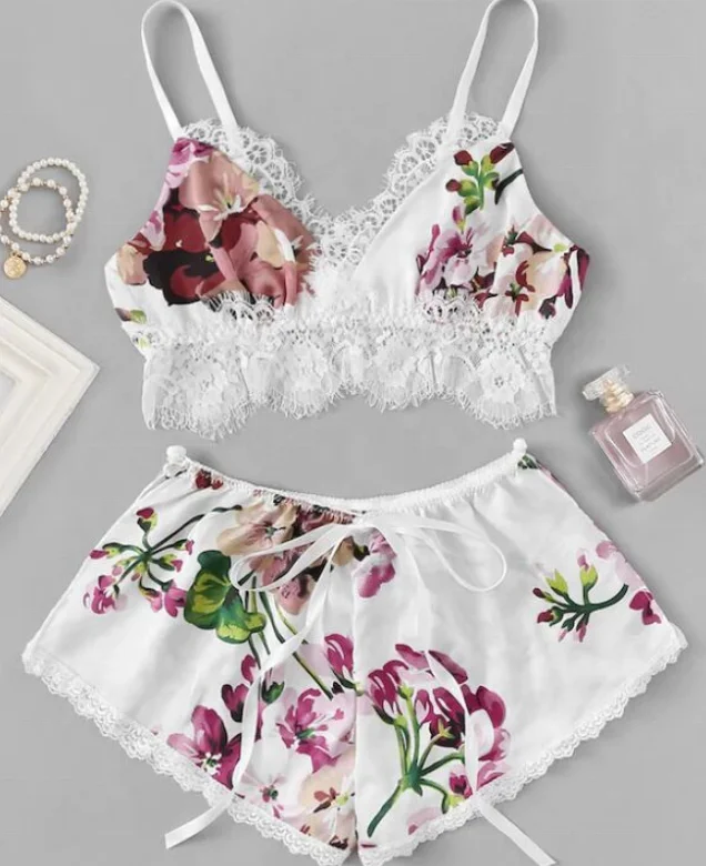 Women Sexy Ladies Girl Vest Bra Panties Lace Satin Flower Short Pajama Silk Lingerie Set