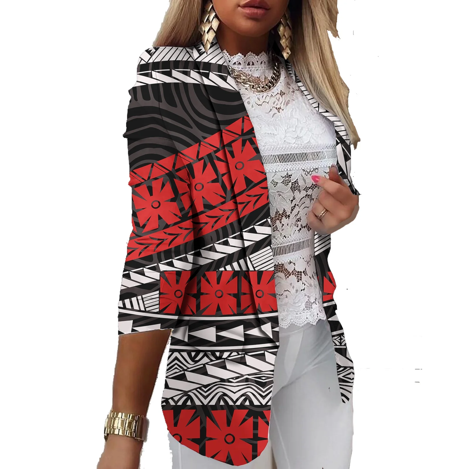 Direct Sales Ladies Casual Suits Elegant Straight Polynesian Hawaii Floral Heat Transfer Printing Ladies Blazer