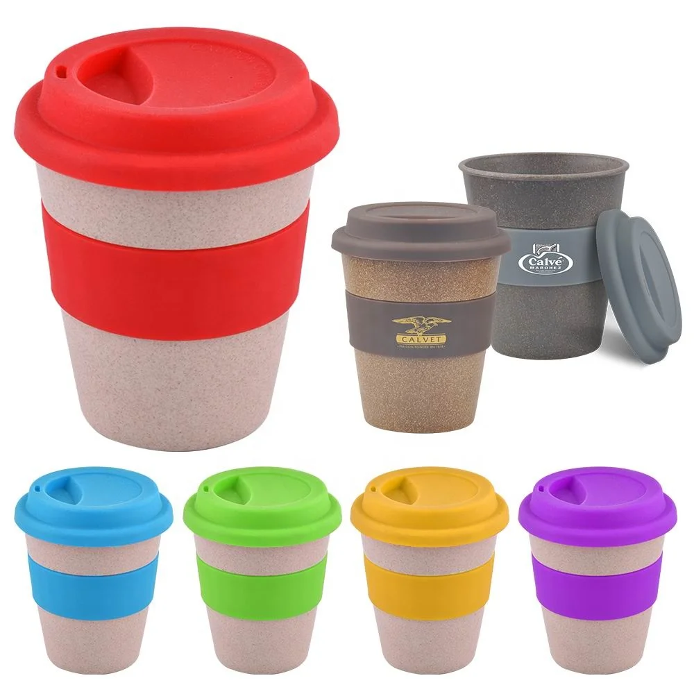 Promotional Reusable 350ML Bamboo Fiber Coffee Cup Custom Biodegradable Wheat Straw Plastic Keep Coffee Mug Take it to go