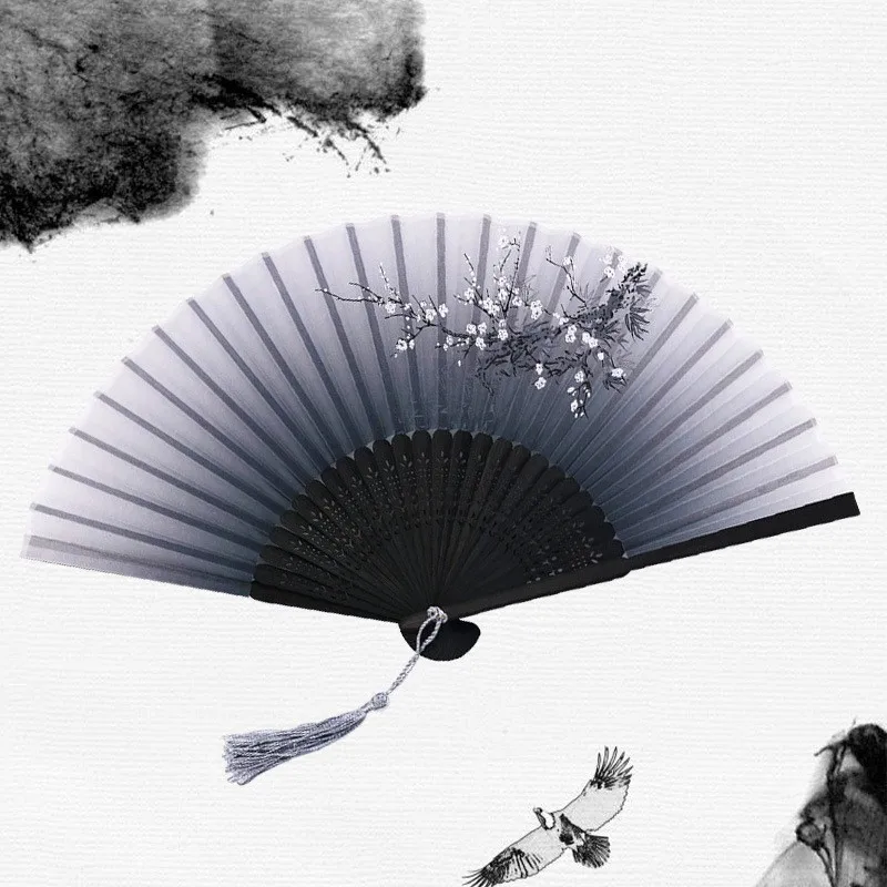 Vintage Chinese Japanese Fabric Floral Spun Silk Flower Printing Hand Fan Folding Hollow Carved Hand Fan Party Wedding Hand Fan