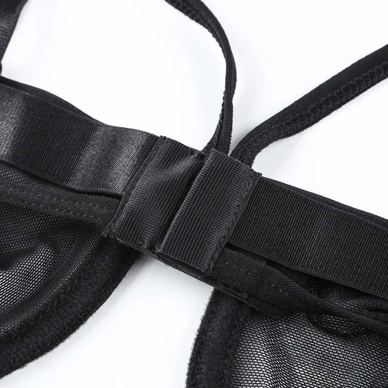 
2021 New Arrival Custom Black Mesh Knit Fitness Lace Deep V Neck One Piece Female Sexy Tops Body Suit For Women 