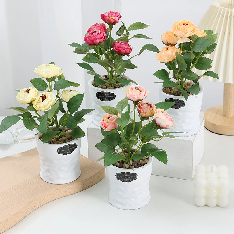 Wholesale Price Artificial Plant Camellia Flower Plant Pot Bonsai  Home Indoor Desk Office Plant Wedding Decoration