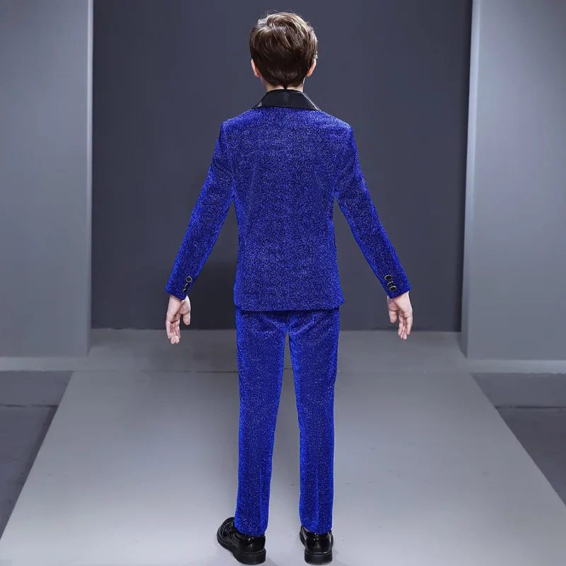 NIMBLE Blue Elaborate Sequined Men Suit Host Piano Performance Flower Boys Texido Blazer Kids Clothing Children Wear Plus Size