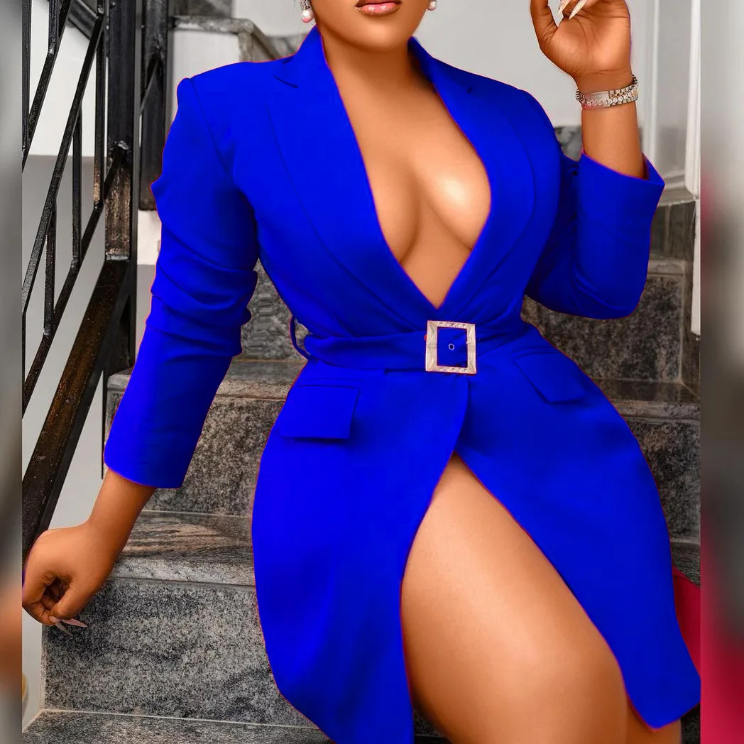 Korean Style Trendy Blue Long Sleeve Suit Jackets For Women Sexy Deep V Suit Dress Coat Ladies Cardigan Blazers Dress With Belt