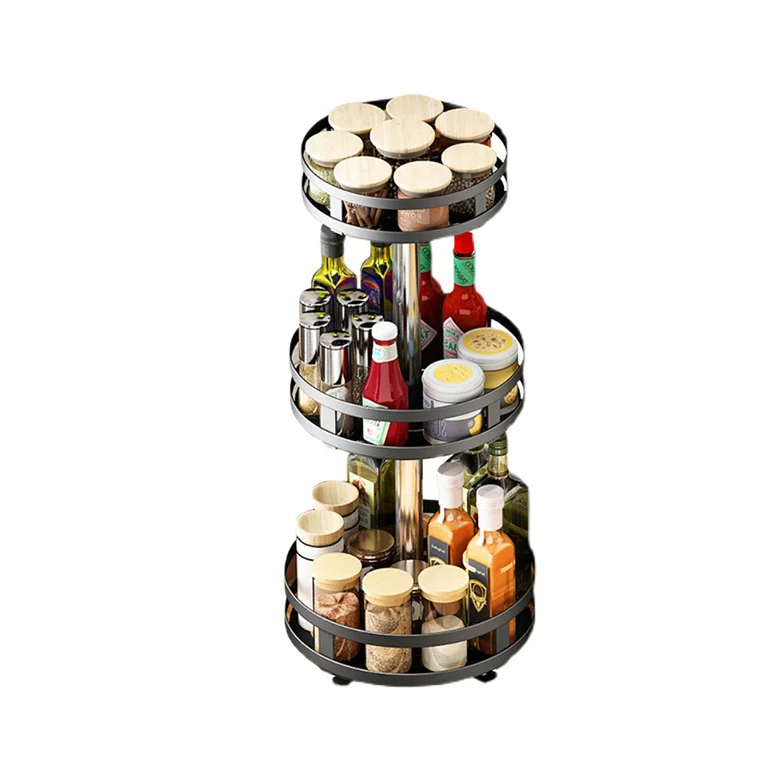 Stainless steel 360 degree rotating adjustable shelf 3 layer storage spice tank rack