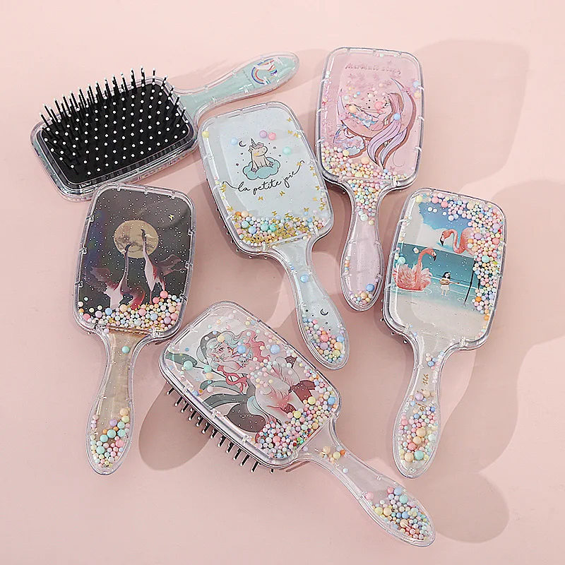 Custom Cartoon Square Paddle Massage Scalp Shiny Comb Bling Diamond Detangling Hairbrush Sequins Glitter Quicksand Hair Comb