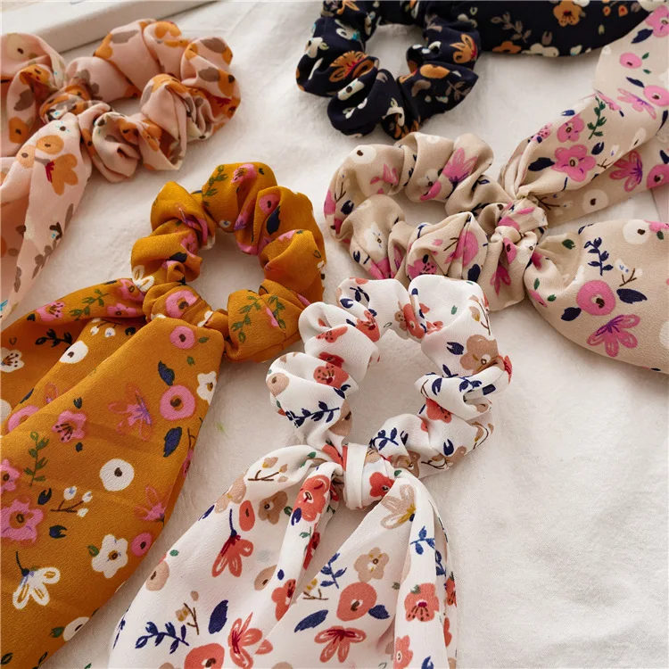 Hot Sale Women Floral Hair Scrunchie Bows Ponytail Holder Elastic Hairband Bow Knot Scrunchy Girls Hair Ties Hair Accessories