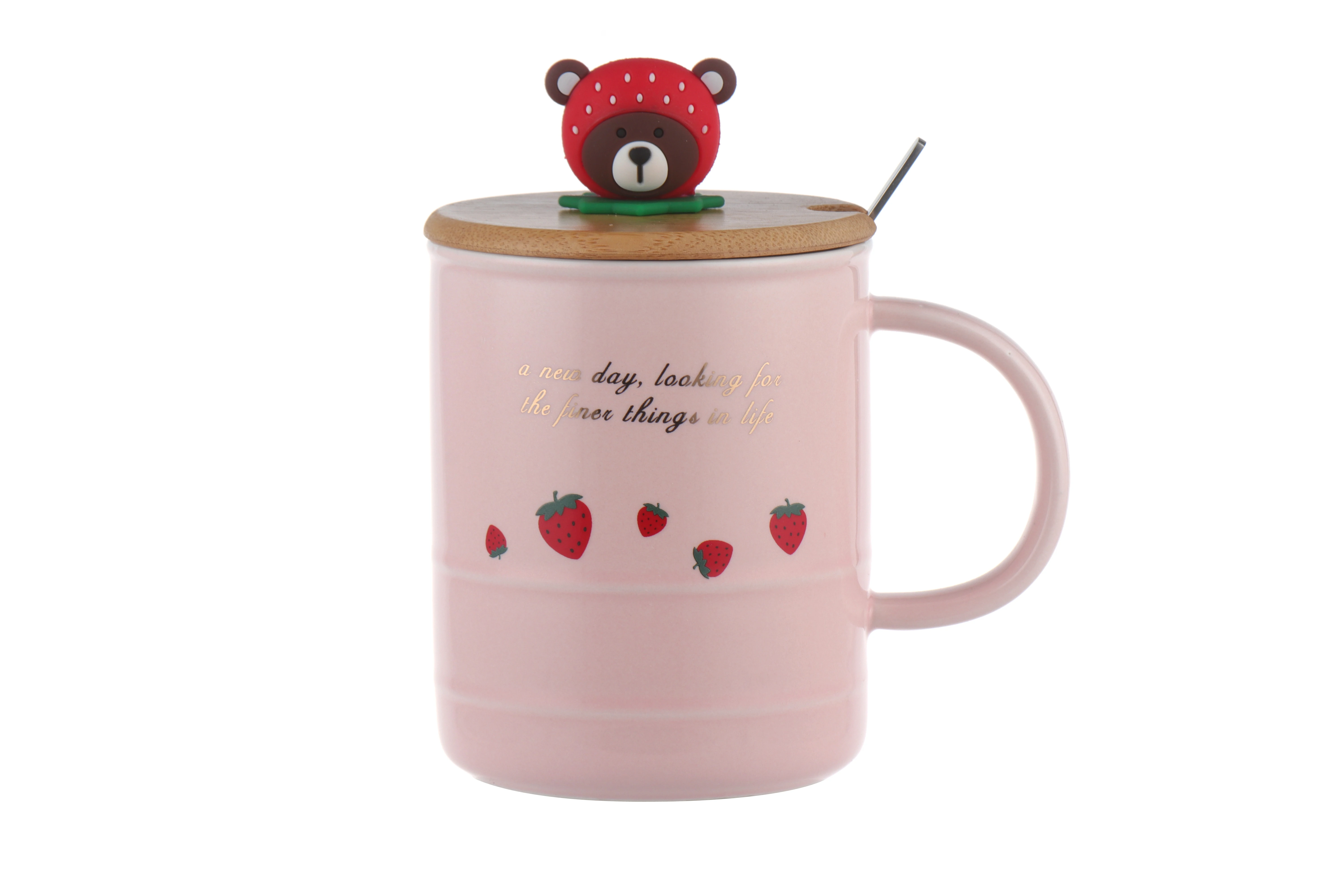 New Design Pink Strawberry Tall Glazed 500ml Pink Ceramic Coffee Cup and Mug for Drinking with Lid and Spoon Ceramic Coffee Mugs