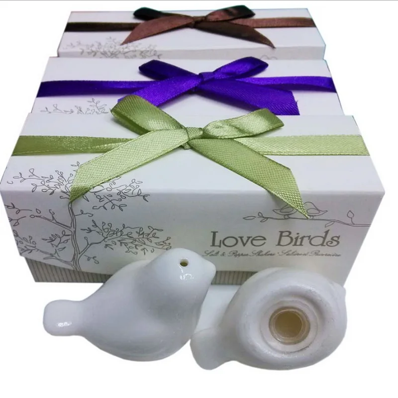 Wholesales Love Birds in the Window Ceramic Salt & Pepper Shakers in Gift Box with Personalized Ribbon Wedding Baby Shower Favor