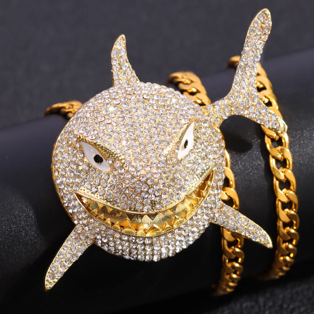 Hip Hop Cuban Chain Exaggerated Micro-inlaid Animal Necklace For Men Rapper Iced Out Large Shark Necklace